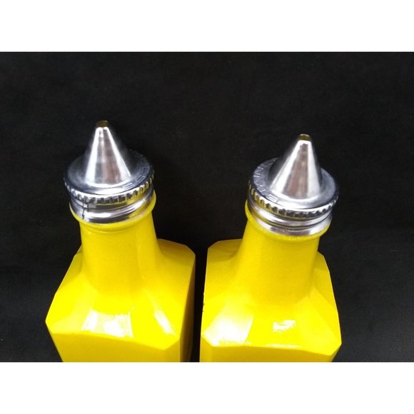 Vintage Retro set of 2 GEMCO USA  Oil & Vinegar yellow glass cruet bottles READ - Picture 10 of 12